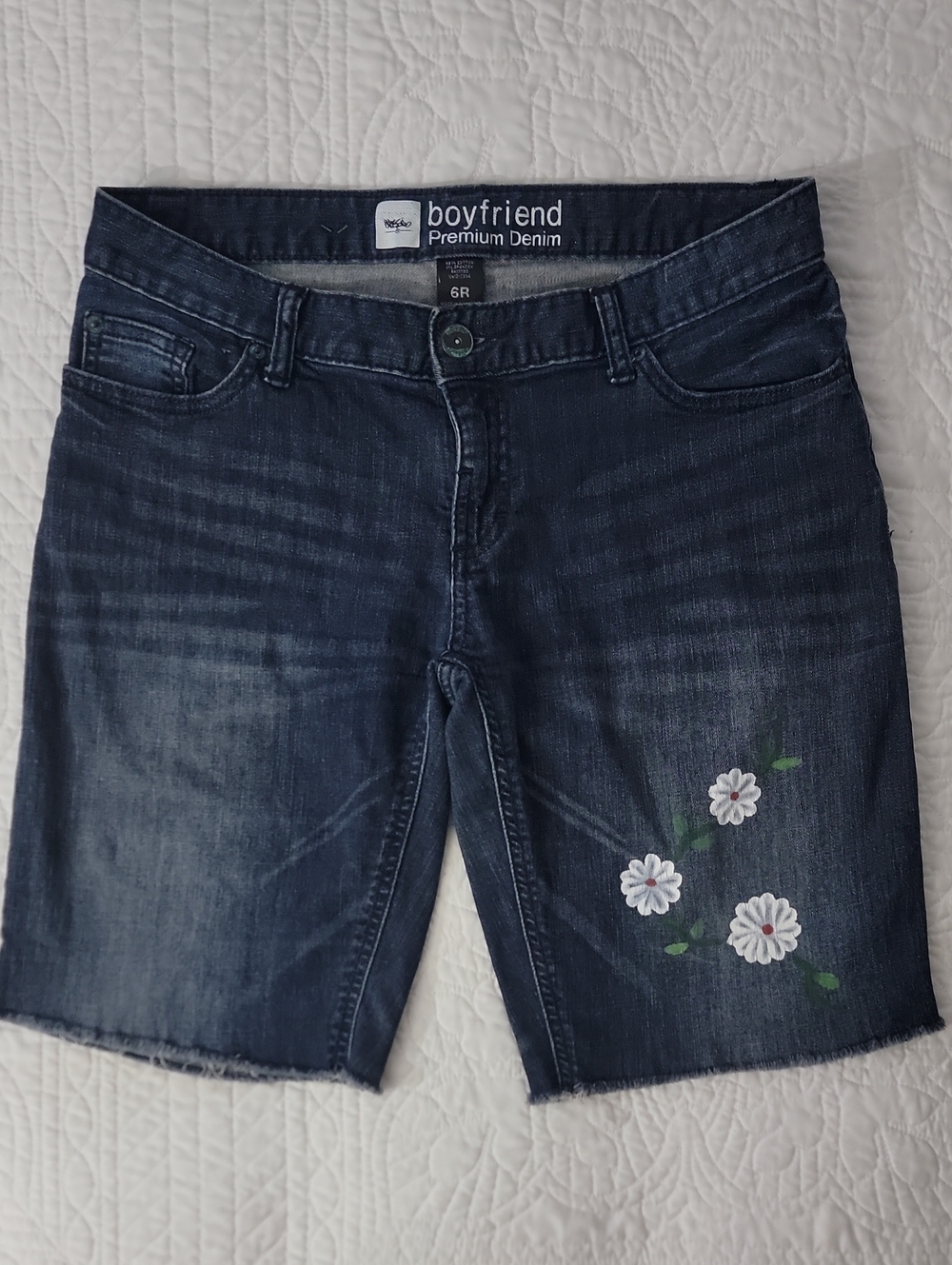 Womens boyfriend Premium Denim Dark Blue With White Daisies Bermuda Shorts